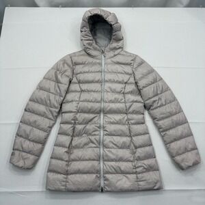 Eddie Bauer EB650 Down Puffer Jacket Parka Women XS Lightweight Long Gray Hooded